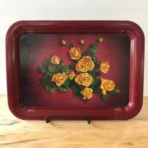 Vintage Red Metal Serving Tray w/ Yellow Roses